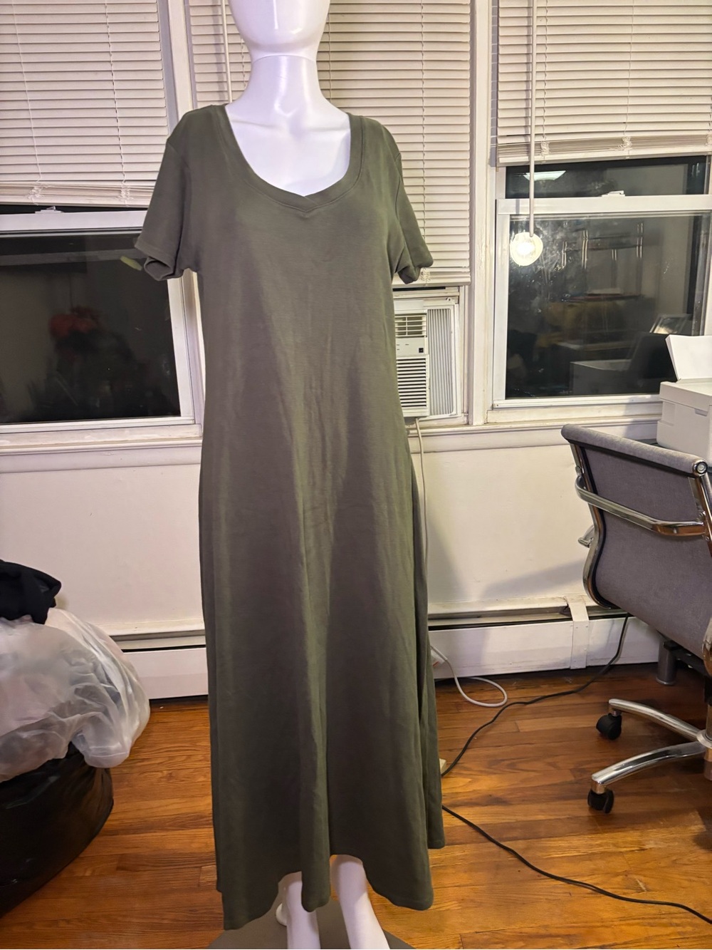 MODA INT'L Green Solid Cotton Knit Scoop Neck Maxi Dress Size L 100% cotton vtg